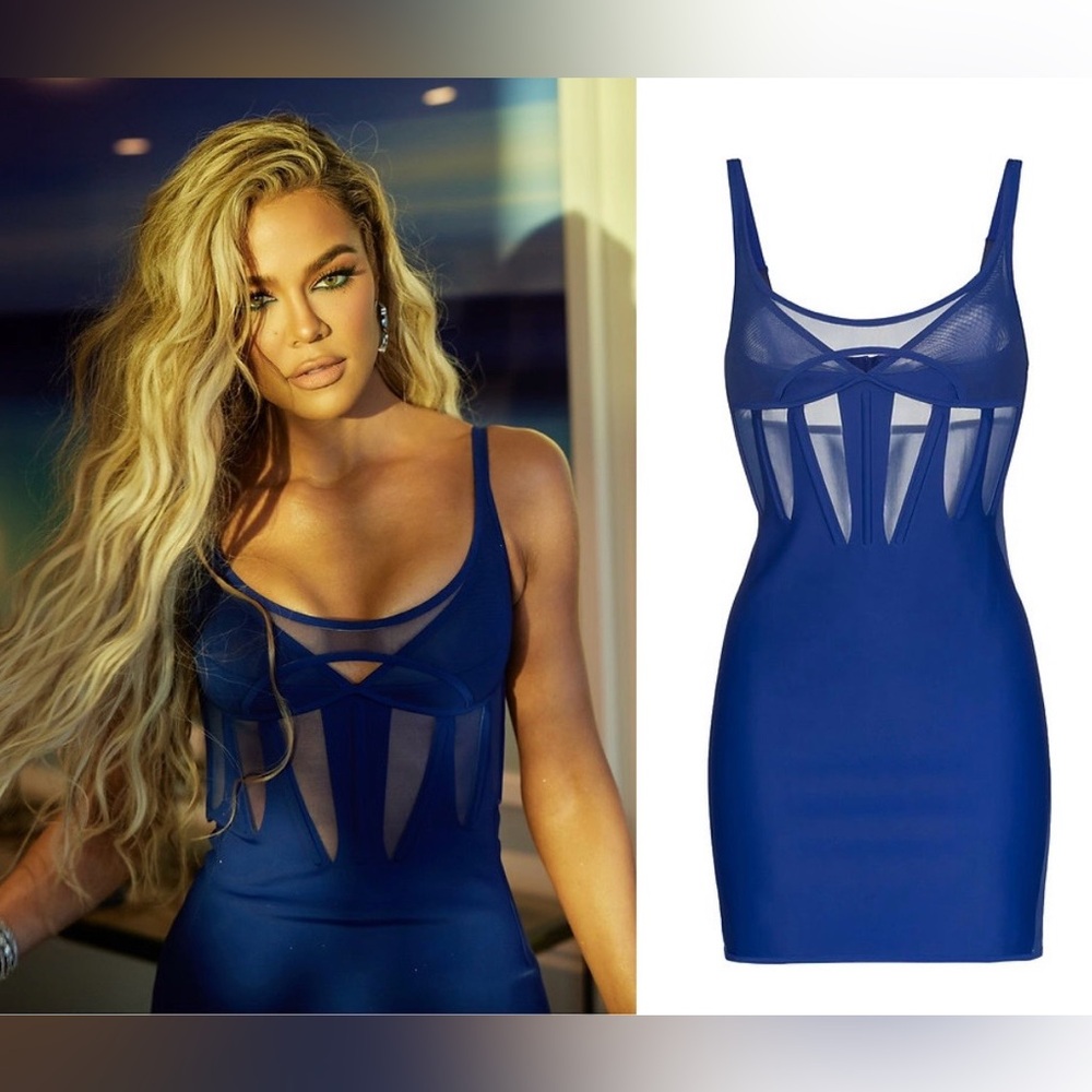 H&M Cobalt Blue Sheer-Panel Bodycon Mini Dress